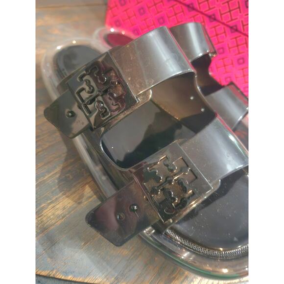 TORY BURCH $228 BLACK BUCKLE JELLY SLIDE SANDAL Shoes Sz 9 Summer Beach pool - Picture 11 of 16